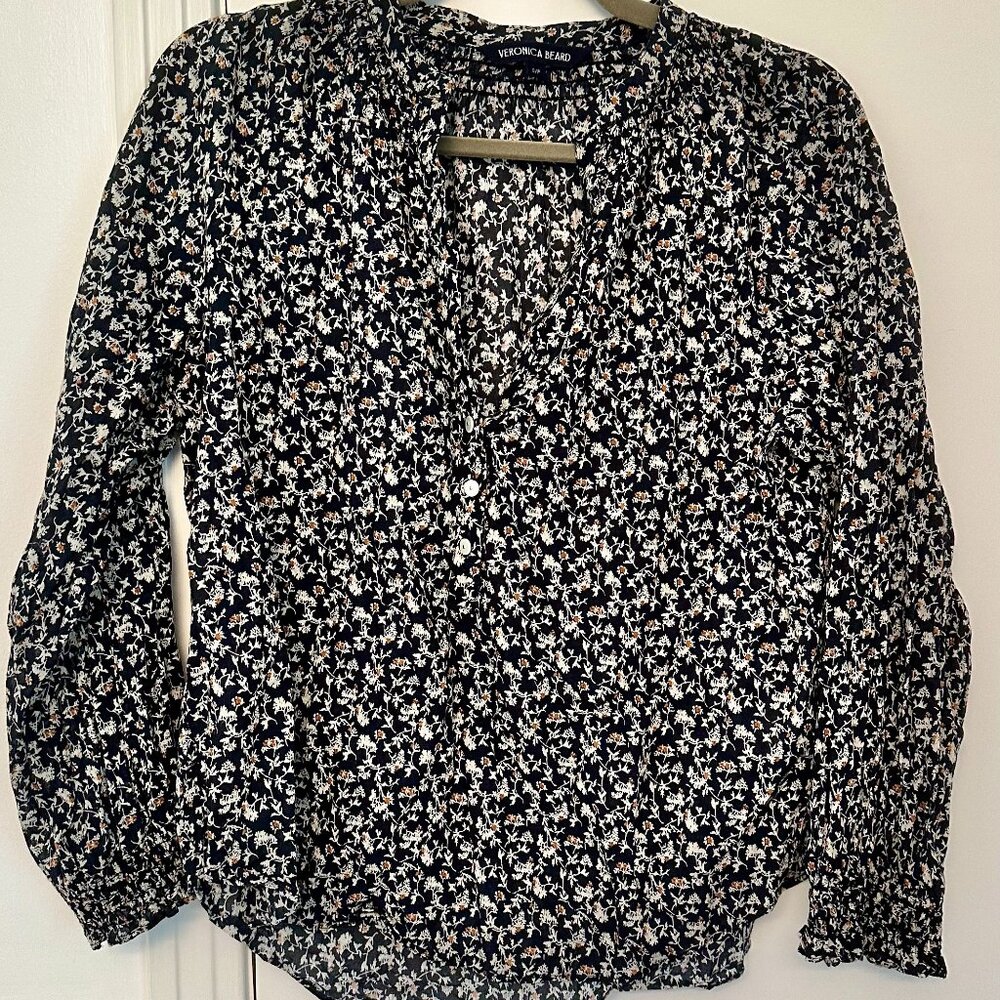 Veronica Beard navy floral cotton L/S blouse - size S